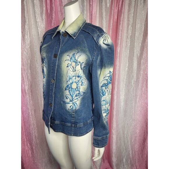Vintage PJ Shernda Y2K Acid Wash Floral Beaded Pearl Jean Jacket Size Large - Picture 7 of 13